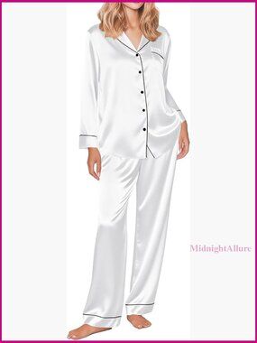Silk Satin Pajama Set Long Sleeve Button Up Sleepwear Loungewear S-XXL